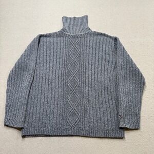 Y2K Tommy Hilfiger Sweater Men's XL Gray Cable Knit Ribbed Turtleneck Pullover